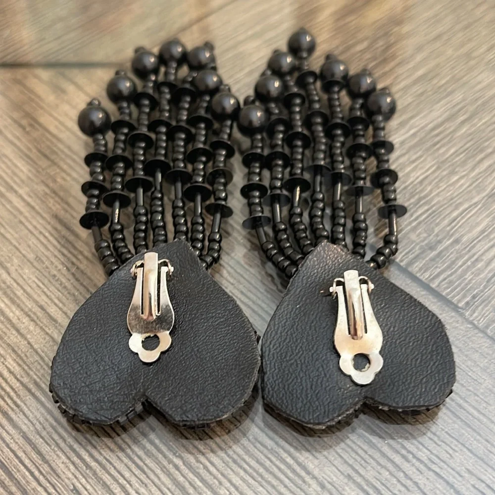 Vintage 80’s Black Sequin & Beaded Heart Clip Earrings